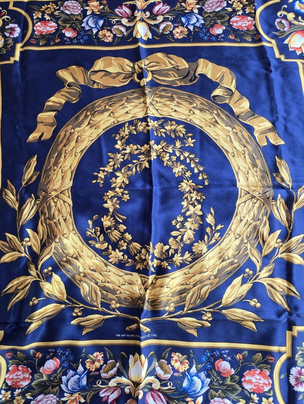 Art Institute 1992 Museum Collection Rich, Baroque Navy & Gold Floral Silk Scarf